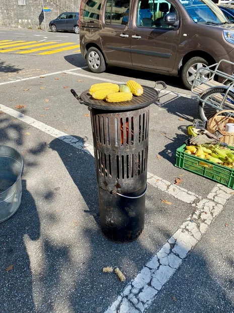 PARK(ing) Day 2021, Lenzburg, Kronenparkplatz Gemüse vom Pyrolysegrill statt Kühlergrill mit Regula, den Grünen und der Klimagru